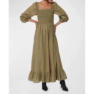 New Cleobella Lennox Olive Green Smocked Maxi Dress Puff Sleeve Small NWT Boho